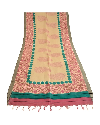 Sanskriti Vintage Dupatta Long Stole Pure Woolen Shawl Hand-Painted Wrap Hijab DC-49275-Ivory &amp; Pink-Hand-Painted Work-Pure Woolen-7