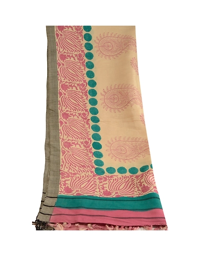 Sanskriti Vintage Dupatta Long Stole Pure Woolen Shawl Hand-Painted Wrap Hijab DC-49275-Ivory &amp; Pink-Hand-Painted Work-Pure Woolen-8