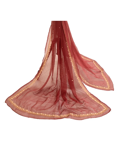 Sanskriti Vintage Dupatta Long Stole Pure Chiffon Silk Brick Red Hand Beaded DC-50354-Shade Of Brick Red-Zari Work-Pure Chiffon Silk-2