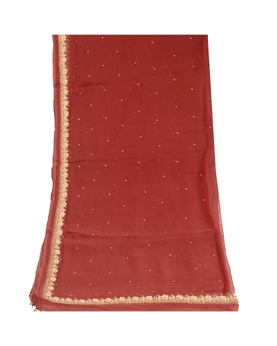 Sanskriti Vintage Dupatta Long Stole Pure Chiffon Silk Brick Red Hand Beaded DC-50354-Shade Of Brick Red-Zari Work-Pure Chiffon Silk-8