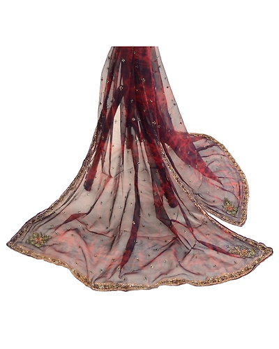 Sanskriti Vintage Dupatta Long Stole Pure Chiffon Silk Hand Beaded Tie-Dye Veil DC-50727-Dark Red &amp; Blue-Beaded Work-Pure Chiffon Silk-2