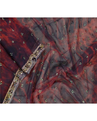 Sanskriti Vintage Dupatta Long Stole Pure Chiffon Silk Hand Beaded Tie-Dye Veil DC-50727-Dark Red &amp; Blue-Beaded Work-Pure Chiffon Silk-3
