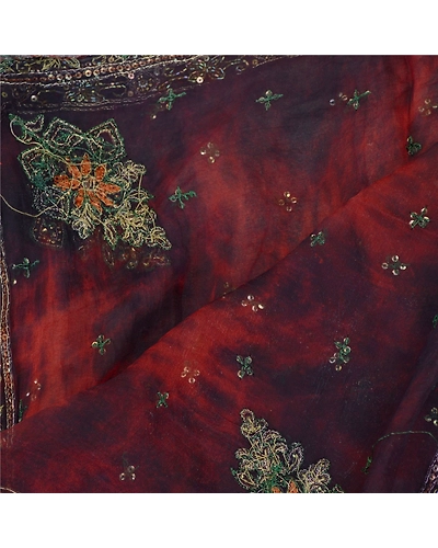 Sanskriti Vintage Dupatta Long Stole Pure Chiffon Silk Hand Beaded Tie-Dye Veil DC-50727-Dark Red &amp; Blue-Beaded Work-Pure Chiffon Silk-4