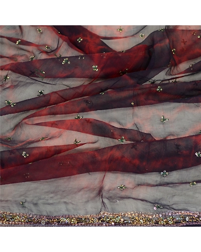 Sanskriti Vintage Dupatta Long Stole Pure Chiffon Silk Hand Beaded Tie-Dye Veil DC-50727-Dark Red &amp; Blue-Beaded Work-Pure Chiffon Silk-6