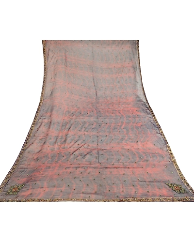 Sanskriti Vintage Dupatta Long Stole Pure Chiffon Silk Hand Beaded Tie-Dye Veil DC-50727-Dark Red &amp; Blue-Beaded Work-Pure Chiffon Silk-7