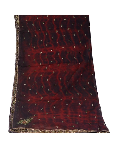 Sanskriti Vintage Dupatta Long Stole Pure Chiffon Silk Hand Beaded Tie-Dye Veil DC-50727-Dark Red &amp; Blue-Beaded Work-Pure Chiffon Silk-8