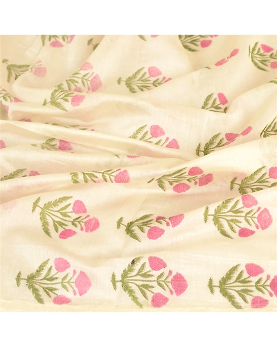 Sanskriti Vintage Dupatta Long Stole Cotton Silk Ivory Hand-Block Printed Hijab DC-51616-Ivory-Hand-Block Printed Work-Cotton Silk-6