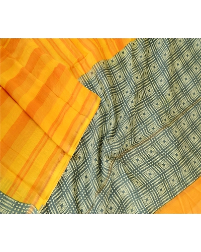 Sanskriti Vintage Dupatta Long Stole Cotton Silk Hijab Yellow Printed Scarves DC-51619-Yellow &amp; Green-Printed Work-Cotton Silk-3