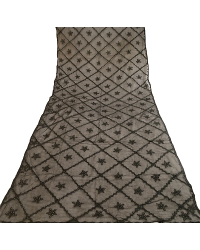 Sanskriti Vintage Dupatta Long Stole Cotton Handmade Applique &amp; Mukesh Work DC-51632-Black-Applique Work-Cotton-7