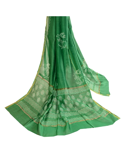 Sanskriti Vintage Dupatta Long Stole Blend Silk Green Block Printed Wrap Scarves DC-51633-Green-Block Printed Work-Blend Silk-2