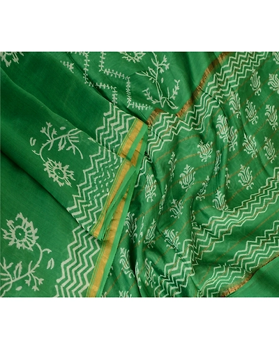 Sanskriti Vintage Dupatta Long Stole Blend Silk Green Block Printed Wrap Scarves DC-51633-Green-Block Printed Work-Blend Silk-3