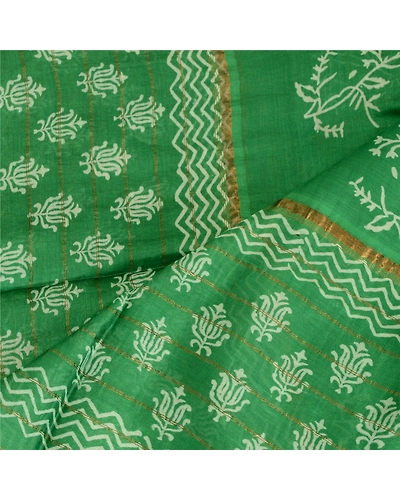 Sanskriti Vintage Dupatta Long Stole Blend Silk Green Block Printed Wrap Scarves DC-51633-Green-Block Printed Work-Blend Silk-4