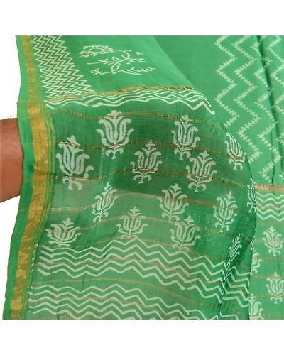 Sanskriti Vintage Dupatta Long Stole Blend Silk Green Block Printed Wrap Scarves DC-51633-Green-Block Printed Work-Blend Silk-5