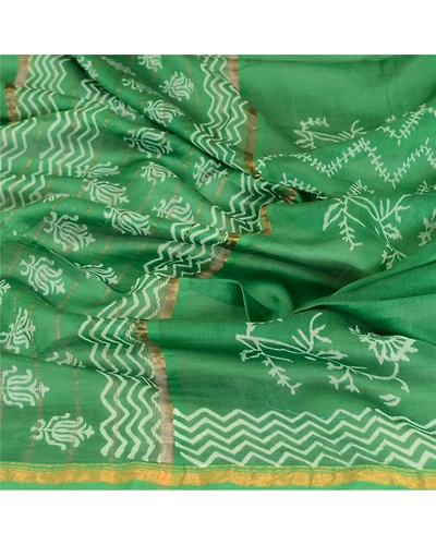 Sanskriti Vintage Dupatta Long Stole Blend Silk Green Block Printed Wrap Scarves DC-51633-Green-Block Printed Work-Blend Silk-6