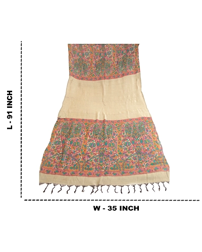 Sanskriti Vintage Dupatta Long Stole Pure Woolen Cream Shawl Printed Scarves DC-51681-Cream-Printed Work-Pure Woolen-1