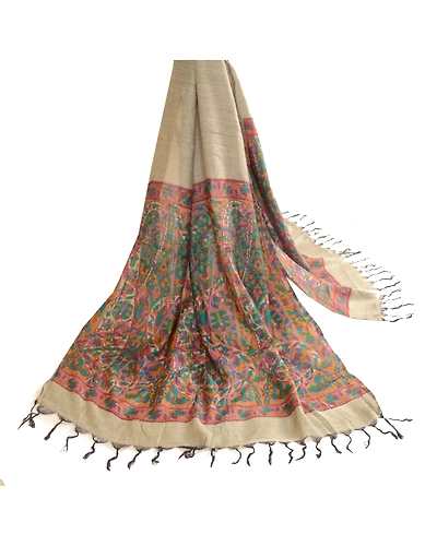 Sanskriti Vintage Dupatta Long Stole Pure Woolen Cream Shawl Printed Scarves DC-51681-Cream-Printed Work-Pure Woolen-2