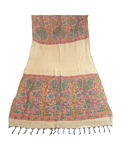 Sanskriti Vintage Dupatta Long Stole Pure Woolen Cream Shawl Printed Scarves DC-51681-Cream-Printed Work-Pure Woolen-7