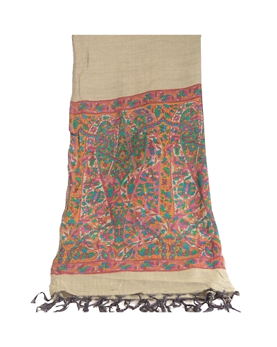 Sanskriti Vintage Dupatta Long Stole Pure Woolen Cream Shawl Printed Scarves DC-51681-Cream-Printed Work-Pure Woolen-8