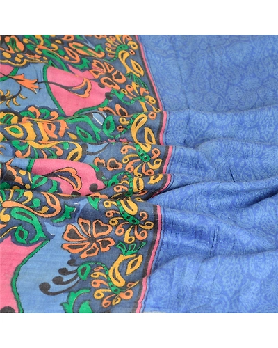 Sanskriti Vintage Dupatta Long Stole Woolen Blue Shawl Printed Scarves DC-51682-Blue-Printed Work-Woolen-6