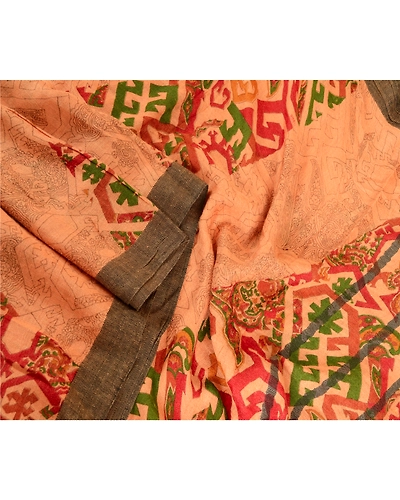 Sanskriti Vintage Dupatta Long Stole Pure Woolen Peach Printed Scarves dc-51690-Peach-Printed Work-Pure Woolen-3