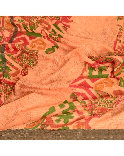 Sanskriti Vintage Dupatta Long Stole Pure Woolen Peach Printed Scarves dc-51690-Peach-Printed Work-Pure Woolen-6