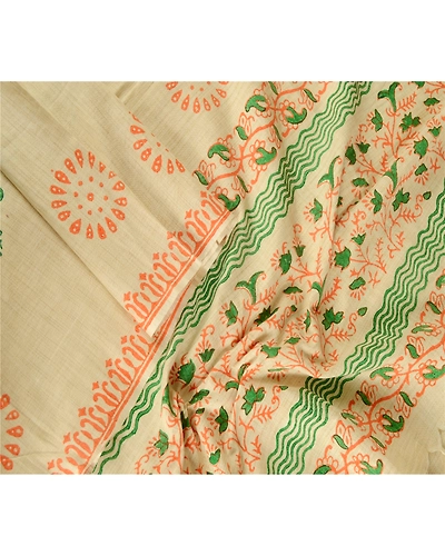 Sanskriti Vintage Dupatta Long Stole Pure Cotton Ivory Hand Block-Printed Scarves DC-51718-Ivory-Hand Block- Printed Work-Pure Cotton-3