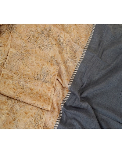 Sanskriti Vintage Dupatta Long Stole Pure Silk Beige Hijab Printed Soft Scarves DC-51723-Beige &amp; Blue-Printed Work-Pure Silk-3