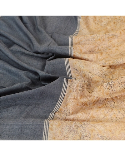 Sanskriti Vintage Dupatta Long Stole Pure Silk Beige Hijab Printed Soft Scarves DC-51723-Beige &amp; Blue-Printed Work-Pure Silk-6