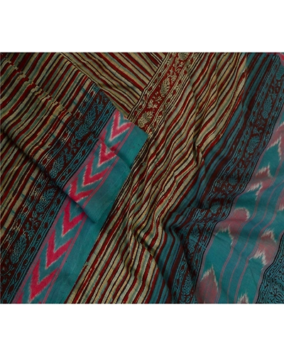 Sanskriti Vintage Dupatta Long Stole Pure Cotton Block Printed &amp; Ikat Scarves DC-51741-Shade Of Green-Block Printed Work-Pure Cotton-3