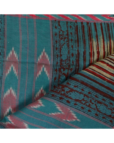 Sanskriti Vintage Dupatta Long Stole Pure Cotton Block Printed &amp; Ikat Scarves DC-51741-Shade Of Green-Block Printed Work-Pure Cotton-4