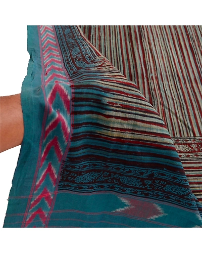 Sanskriti Vintage Dupatta Long Stole Pure Cotton Block Printed &amp; Ikat Scarves DC-51741-Shade Of Green-Block Printed Work-Pure Cotton-5