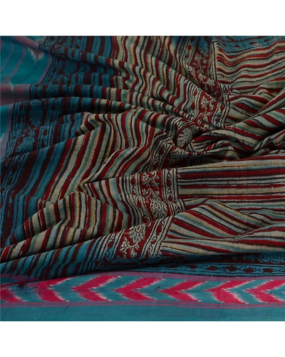 Sanskriti Vintage Dupatta Long Stole Pure Cotton Block Printed &amp; Ikat Scarves DC-51741-Shade Of Green-Block Printed Work-Pure Cotton-6