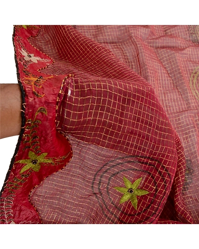 Sanskriti Vintage Dupatta Long Stole Cotton Red Hand Beaded Woven Scarves DC-51742-Dark Red-Patch Work-Cotton-5