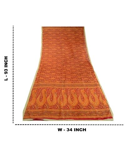 Sanskriti Vintage Dupatta Long Stole Pure Silk Hijab Dark Red Printed Scarves DC-51744-Dark Red &amp; Saffron-Printed Work-Pure Silk-1