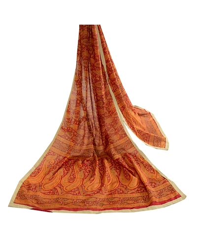 Sanskriti Vintage Dupatta Long Stole Pure Silk Hijab Dark Red Printed Scarves DC-51744-Dark Red &amp; Saffron-Printed Work-Pure Silk-2