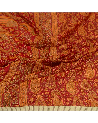 Sanskriti Vintage Dupatta Long Stole Pure Silk Hijab Dark Red Printed Scarves DC-51744-Dark Red &amp; Saffron-Printed Work-Pure Silk-6