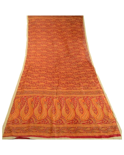 Sanskriti Vintage Dupatta Long Stole Pure Silk Hijab Dark Red Printed Scarves DC-51744-Dark Red &amp; Saffron-Printed Work-Pure Silk-7