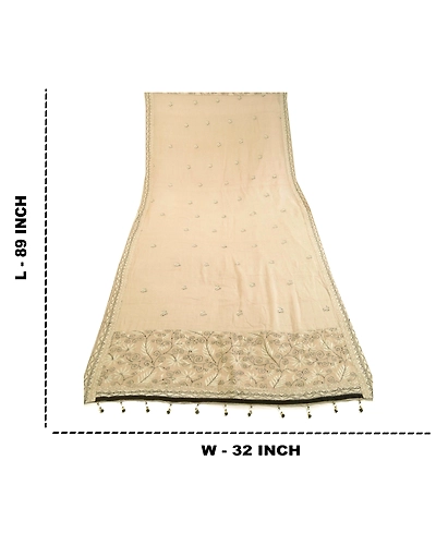 Sanskriti Vintage Dupatta Long Stole Pure Cotton Ivory Hand Embroidered Kantha DC-51745-Ivory-Thread Work-Pure Cotton-1