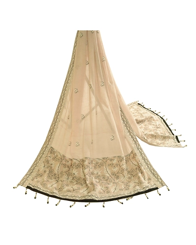 Sanskriti Vintage Dupatta Long Stole Pure Cotton Ivory Hand Embroidered Kantha DC-51745-Ivory-Thread Work-Pure Cotton-2