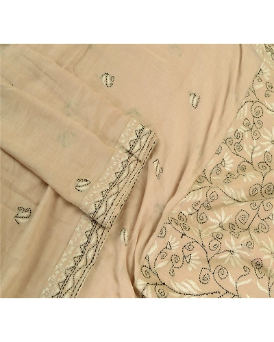 Sanskriti Vintage Dupatta Long Stole Pure Cotton Ivory Hand Embroidered Kantha DC-51745-Ivory-Thread Work-Pure Cotton-3