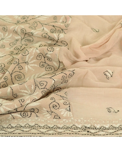 Sanskriti Vintage Dupatta Long Stole Pure Cotton Ivory Hand Embroidered Kantha DC-51745-Ivory-Thread Work-Pure Cotton-6