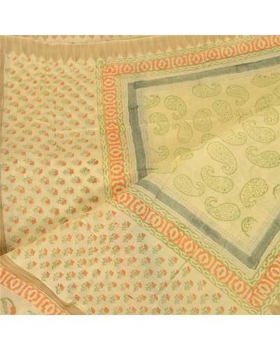 Sanskriti Vintage Dupatta Long Stole Pure Chanderi Silk Ivory Block Printed Veil DC-51752-Ivory-Block Printed Work-Pure Chanderi Silk-4
