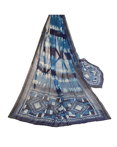 Sanskriti Vintage Dupatta Long Stole Cotton Hijab Blue Batik Work Wrap Scarves DC-51754-Blue-Batik Work-Cotton-2