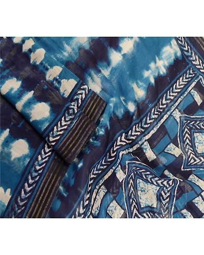 Sanskriti Vintage Dupatta Long Stole Cotton Hijab Blue Batik Work Wrap Scarves DC-51754-Blue-Batik Work-Cotton-3