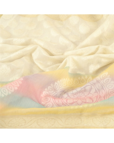 Sanskriti Vintage Dupatta Long Stole Blend Silk Ivory Hijab Hand-Woven Scarves DC-51779-Ivory-Woven Work-Blend Silk-6