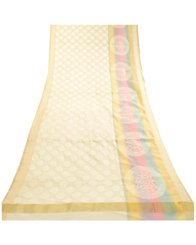 Sanskriti Vintage Dupatta Long Stole Blend Silk Ivory Hijab Hand-Woven Scarves DC-51779-Ivory-Woven Work-Blend Silk-7