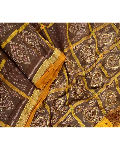 Sanskriti Vintage Dupatta Long Stole Pure Silk Brown Hand Beaded Woven Ikat Veil DC-51781-Brown-Woven Work-Pure Silk-3