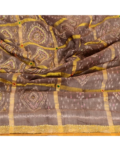 Sanskriti Vintage Dupatta Long Stole Pure Silk Brown Hand Beaded Woven Ikat Veil DC-51781-Brown-Woven Work-Pure Silk-6