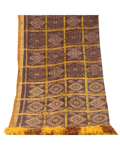 Sanskriti Vintage Dupatta Long Stole Pure Silk Brown Hand Beaded Woven Ikat Veil DC-51781-Brown-Woven Work-Pure Silk-8