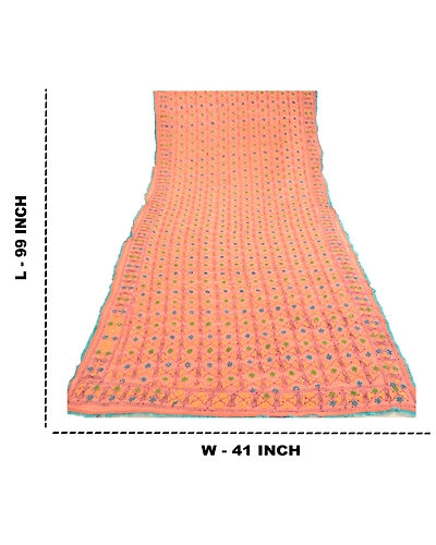 Sanskriti Vintage Dupatta Long Stole Georgette Peach Hand Beaded Phulkari Ooak DC-51782-Peach-Thread Work-Georgette-1